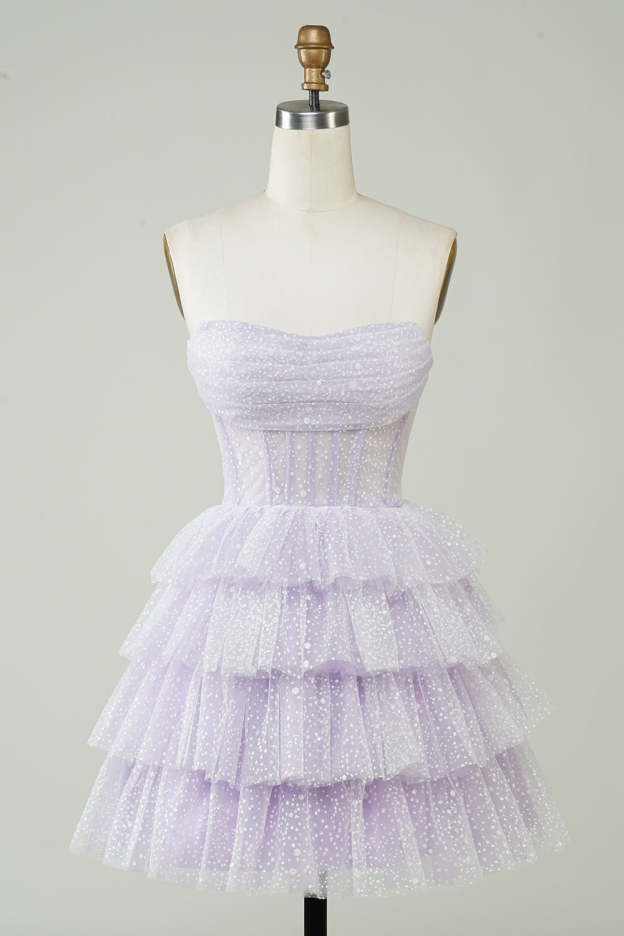 Purple Sparkly Corset Tiered Homecoming Dress