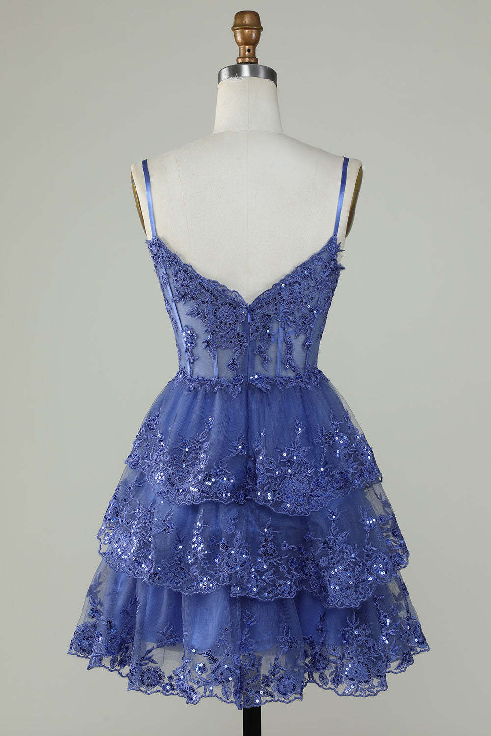 Dark Blue Sparkly Corset A-Line Spaghetti Strap Homecoming Dress