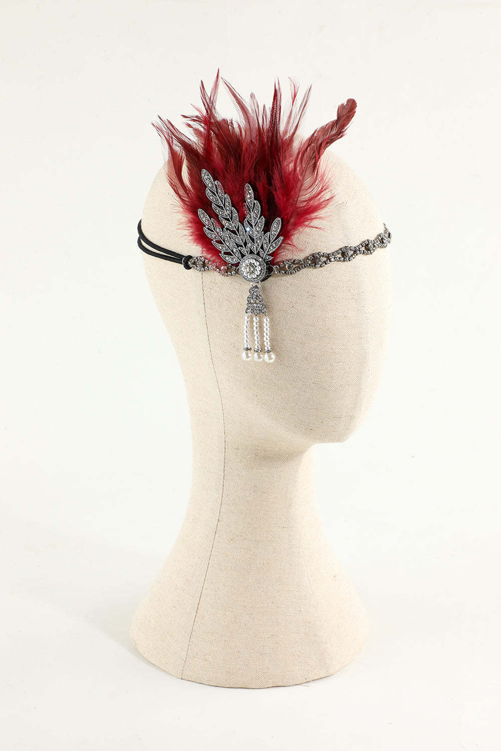 Black Beaded Feather and Pearl Flapper Headband