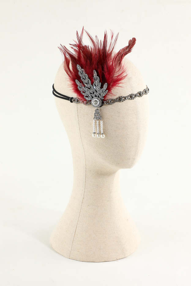 Black Beaded Feather and Pearl Flapper Headband