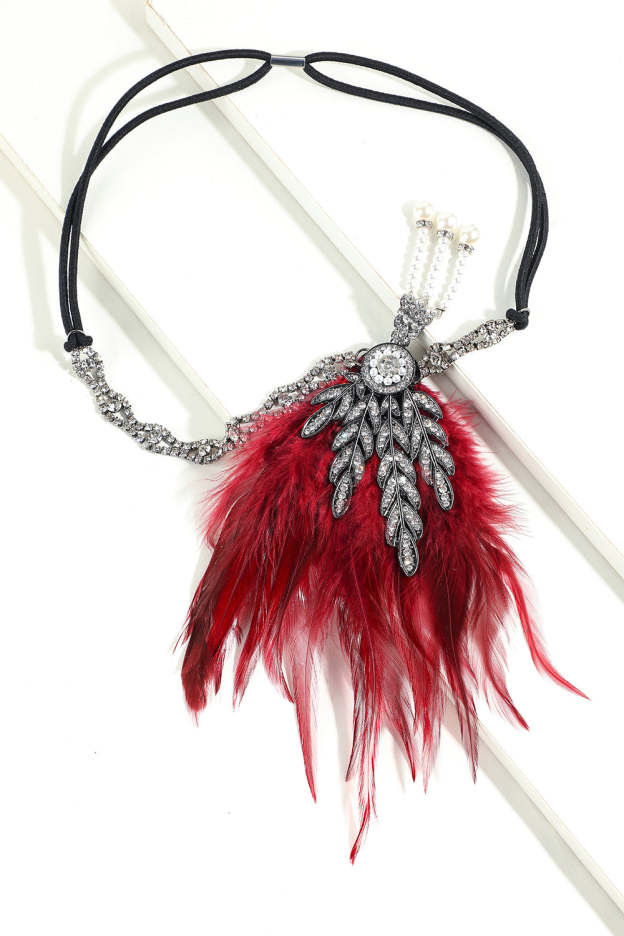 Black Beaded Feather and Pearl Flapper Headband