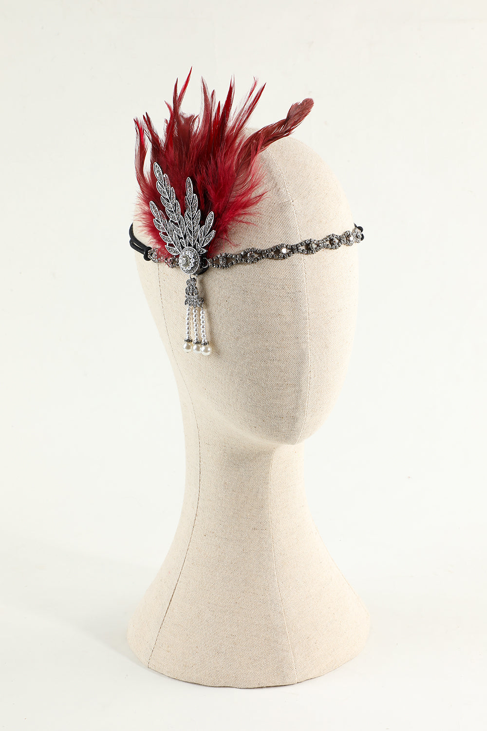 Black Beaded Feather and Pearl Flapper Headband