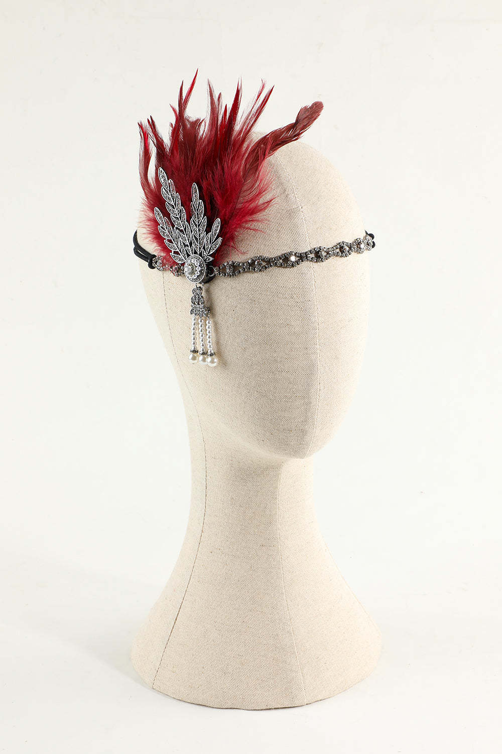 Black Beaded Feather and Pearl Flapper Headband