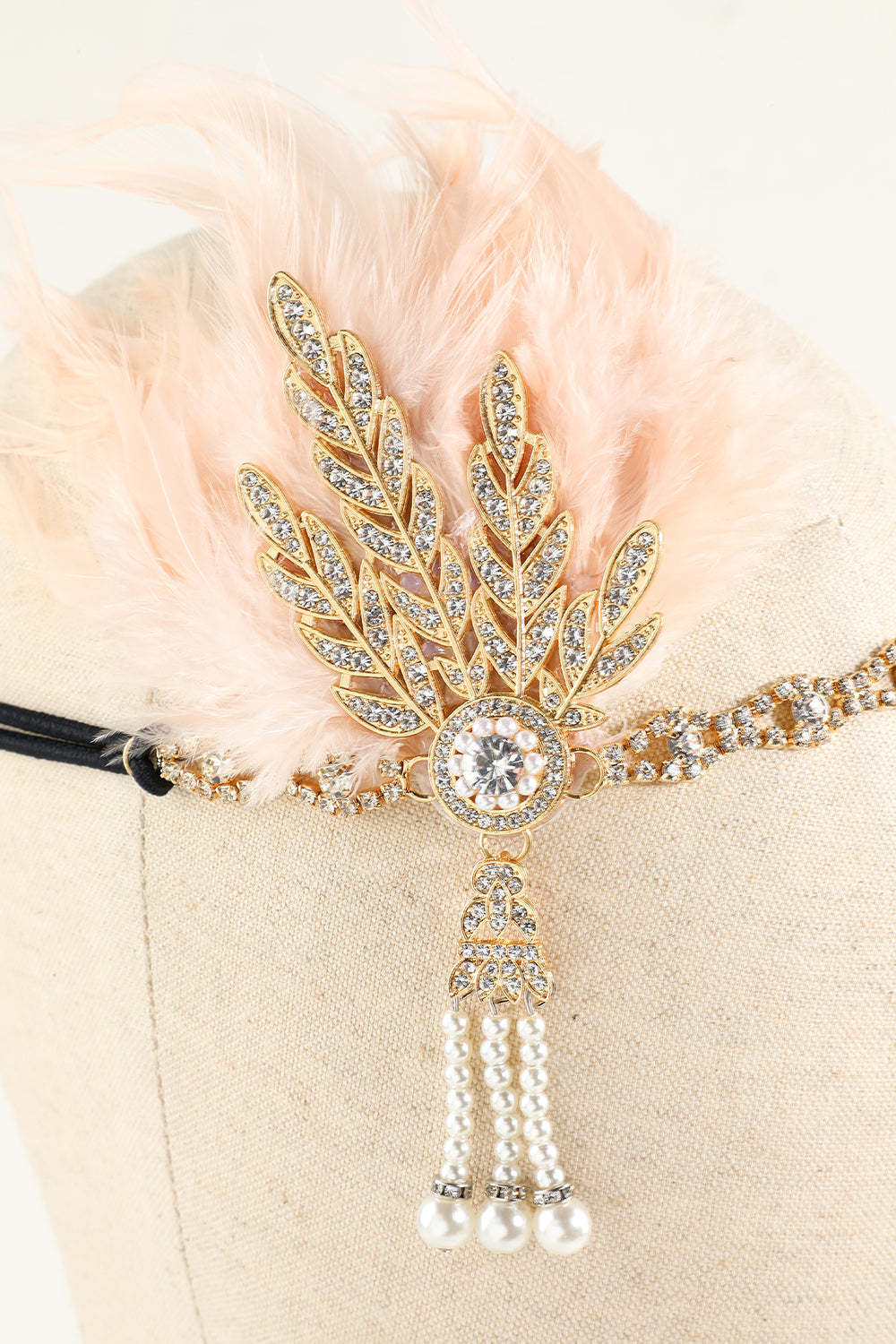 Black Beaded Feather and Pearl Flapper Headband