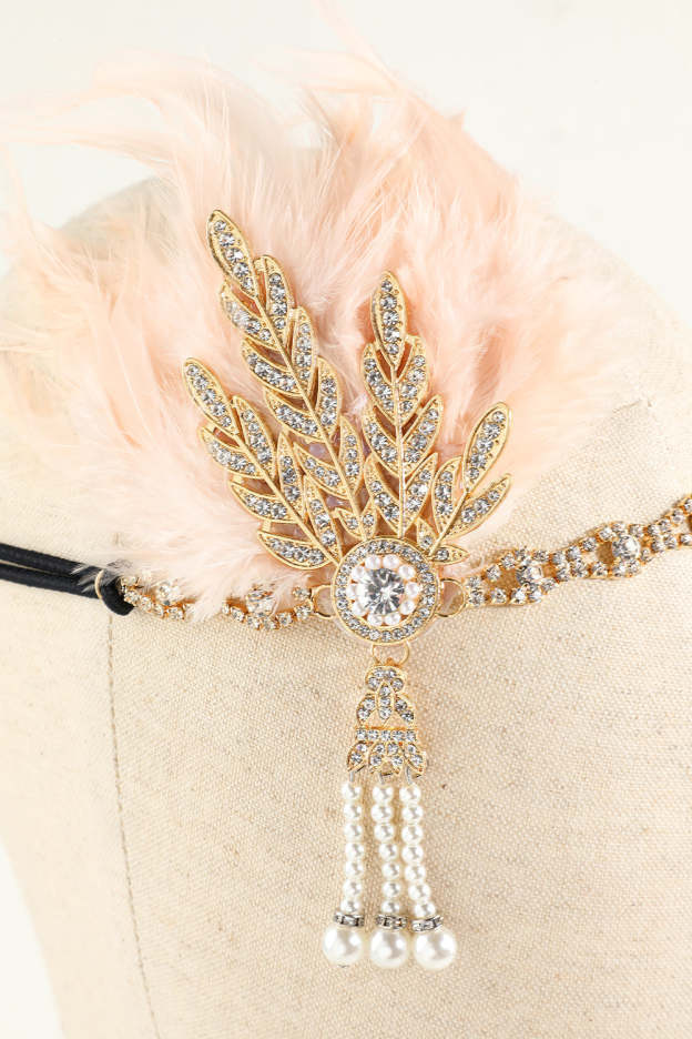Black Beaded Feather and Pearl Flapper Headband