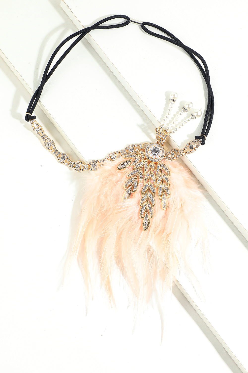 Black Beaded Feather and Pearl Flapper Headband