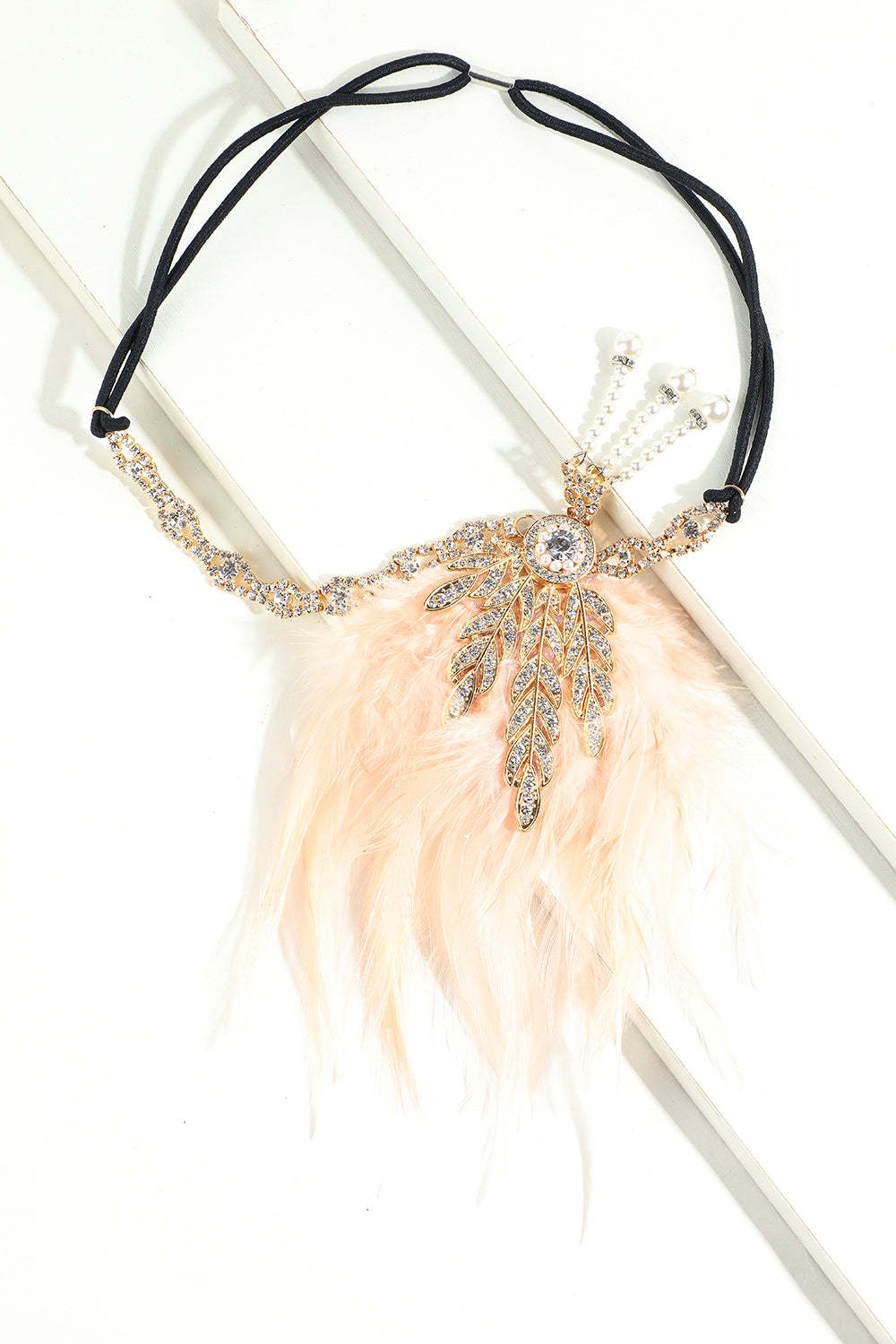 Black Beaded Feather and Pearl Flapper Headband
