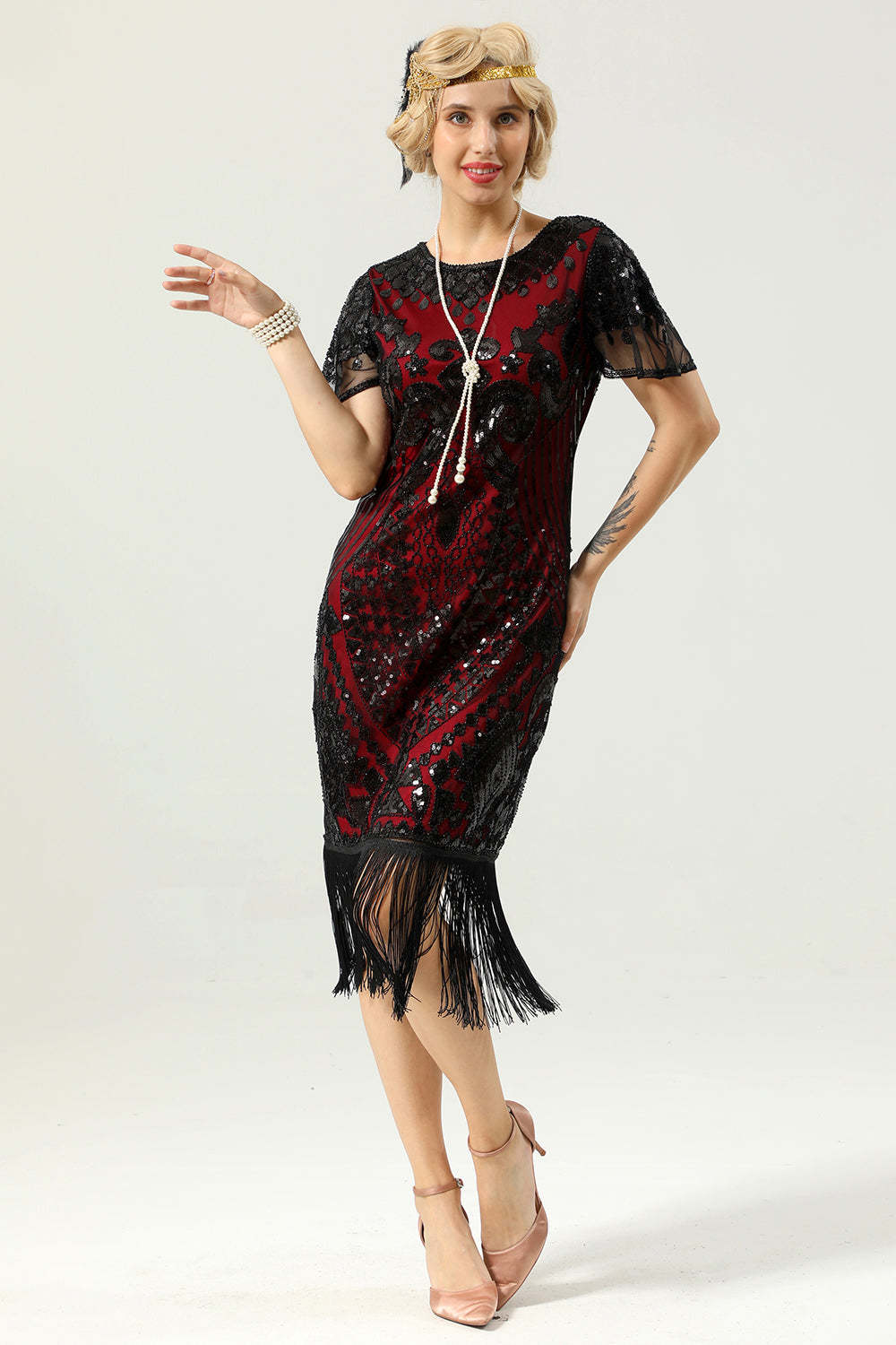 Black and Gold Sequin Dress with Batwing Sleeves