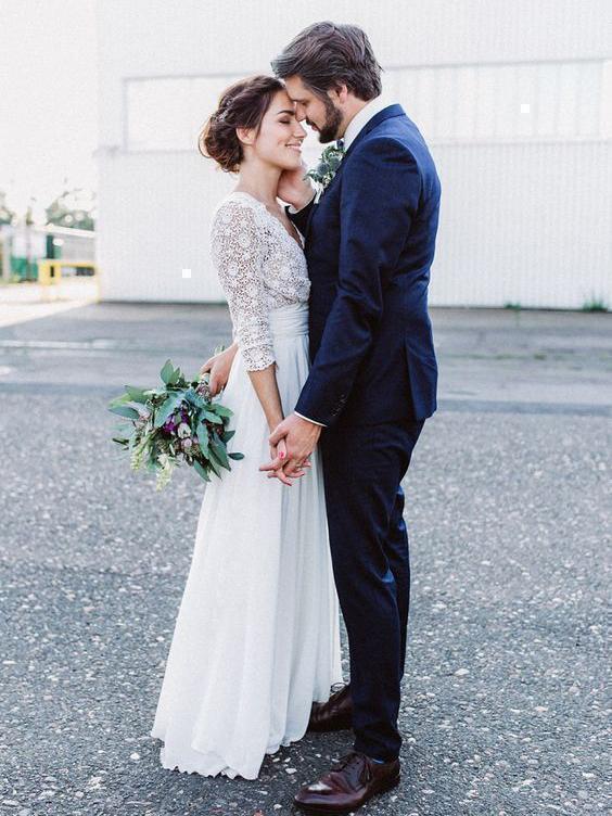 A Line 34 Sleeve Chiffon Wedding Dress Rustic Lace Top Bridal Dress