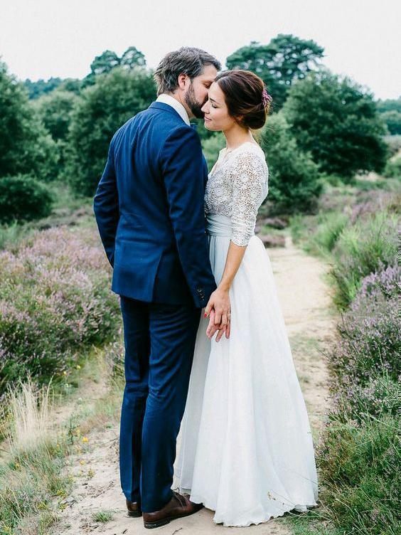 A Line 34 Sleeve Chiffon Wedding Dress Rustic Lace Top Bridal Dress