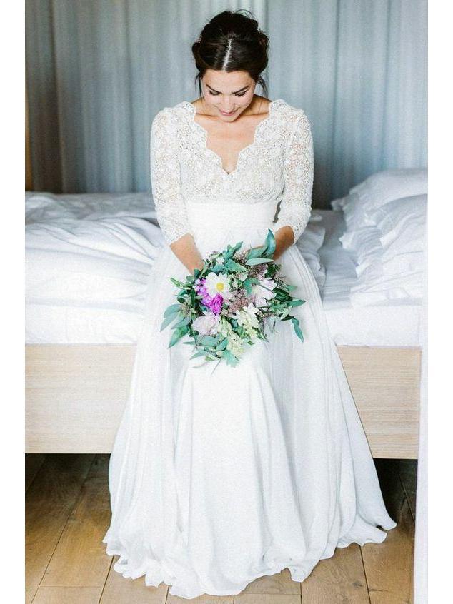 A Line 34 Sleeve Chiffon Wedding Dress Rustic Lace Top Bridal Dress