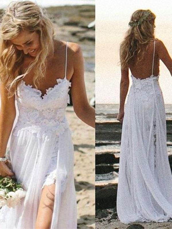 A Line Backless Lace Beach  Wedding Dress
