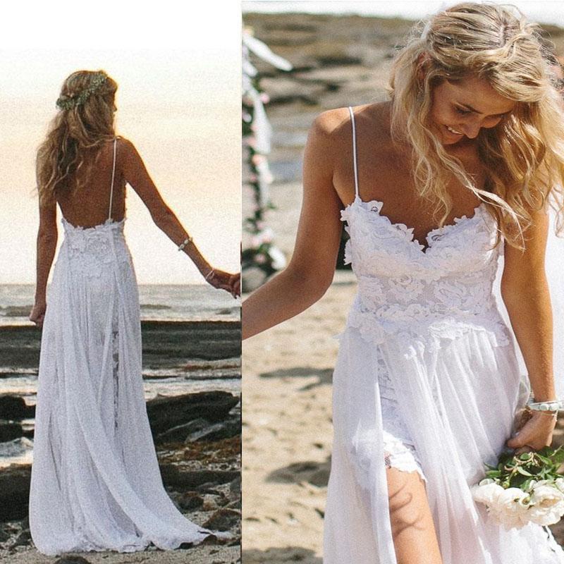 A Line Backless Lace Beach Wedding Dress Backless Bridal Gown