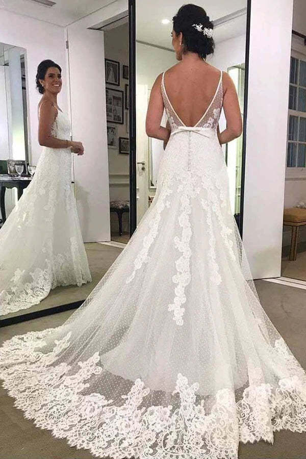 A Line Backless Polka Dot Lace Wedding Dress