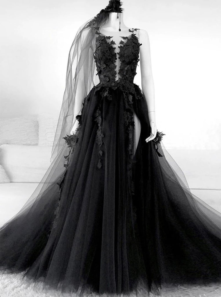 A-line Black Tulle Appliqued Wedding Dresses Backless Bridal Gowns