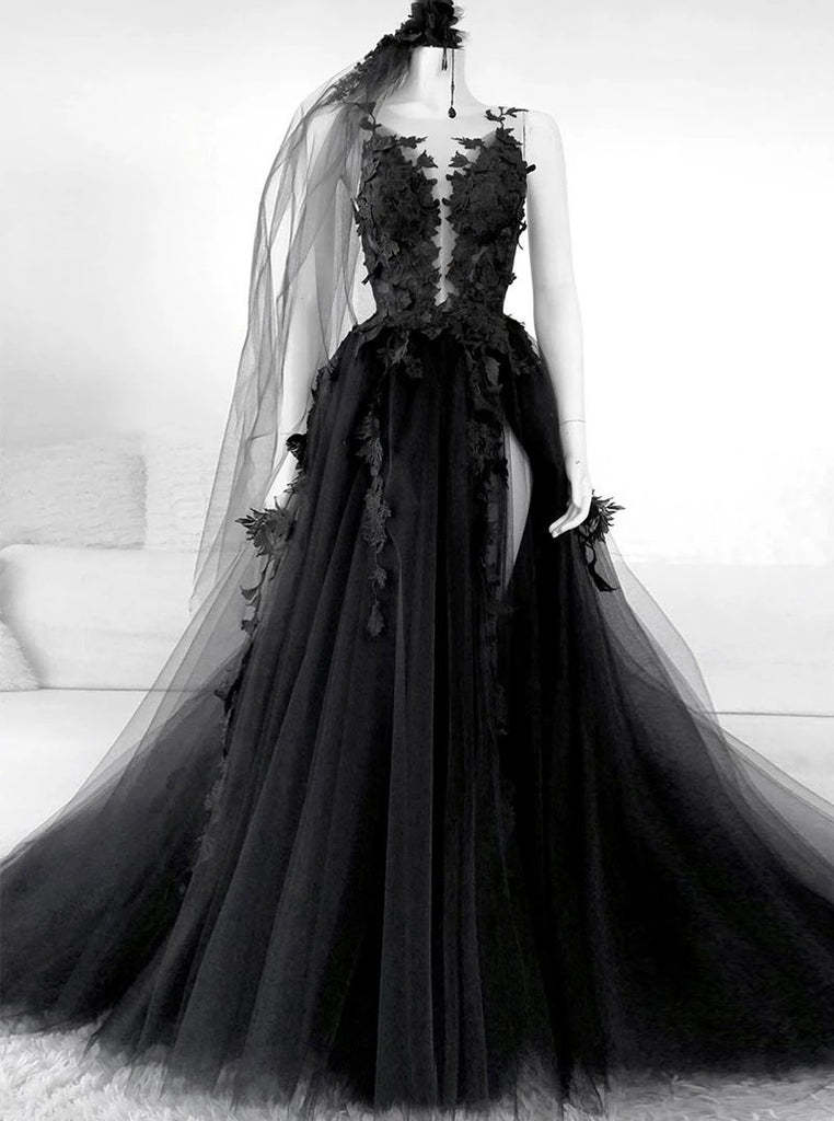 A-line Black Tulle Appliqued Wedding Dresses Backless Bridal Gowns