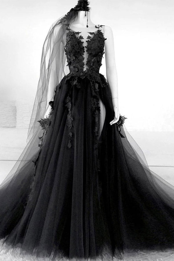 A-line Black Tulle Appliqued Wedding Dresses Backless Bridal Gowns