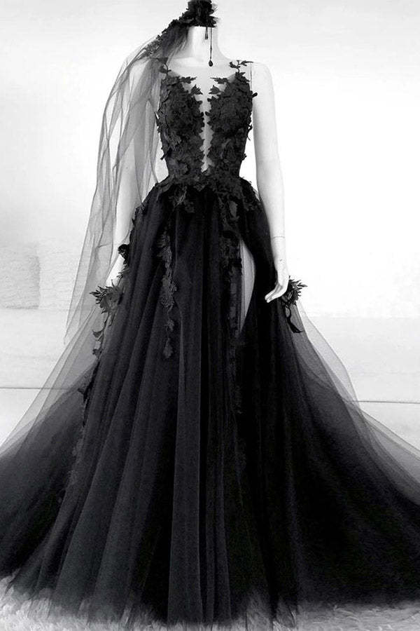 A-line Black Tulle Appliqued Wedding Dresses Backless Bridal Gowns