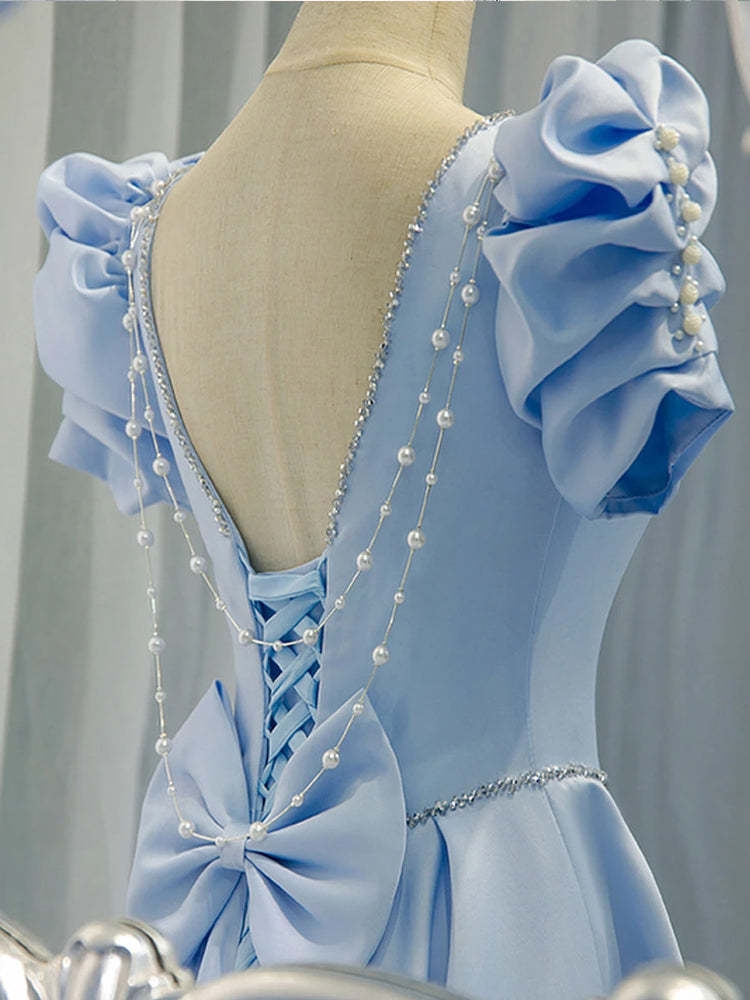 A Line Blue Satin Long Prom Dress Beaded Evening Dress
