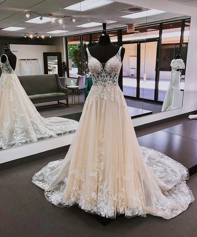 A Line Tulle Wedding Dress With Lace Appliques Backless Birdal Dress
