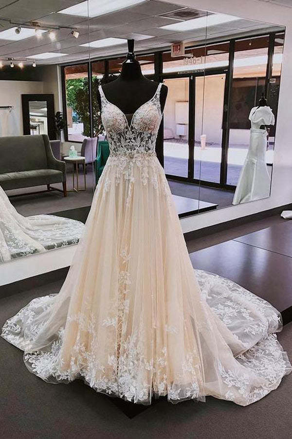 A Line Tulle Wedding Dress With Lace Appliques Backless Birdal Dress