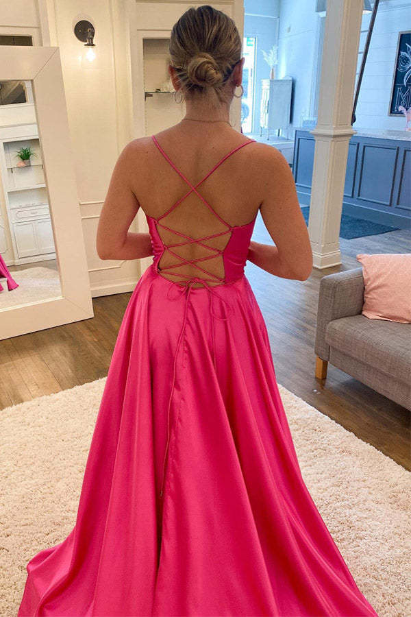 A-Line Cowl Neck Satin Long Prom Dress With Slit