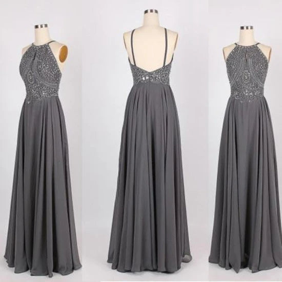 A Line Grey Chiffon Halter Long Prom Dress With Beading