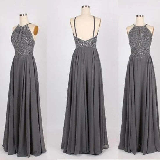 A Line Grey Chiffon Halter Long Prom Dress With Beading