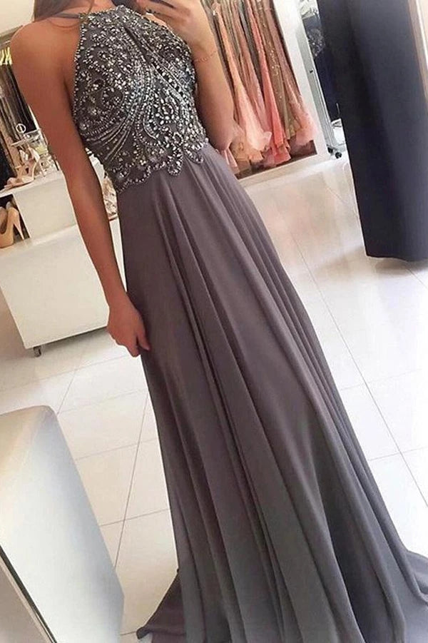 A Line Grey Chiffon Halter Long Prom Dress With Beading