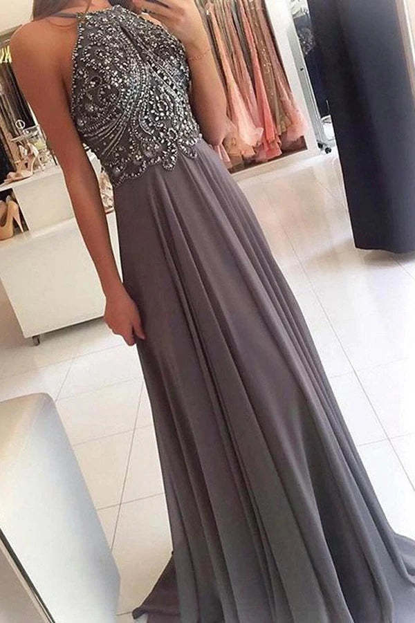 A Line Grey Chiffon Halter Long Prom Dress With Beading
