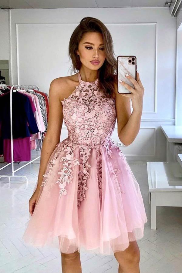 A-Line Halter Neckline Lace Homecoming Dress