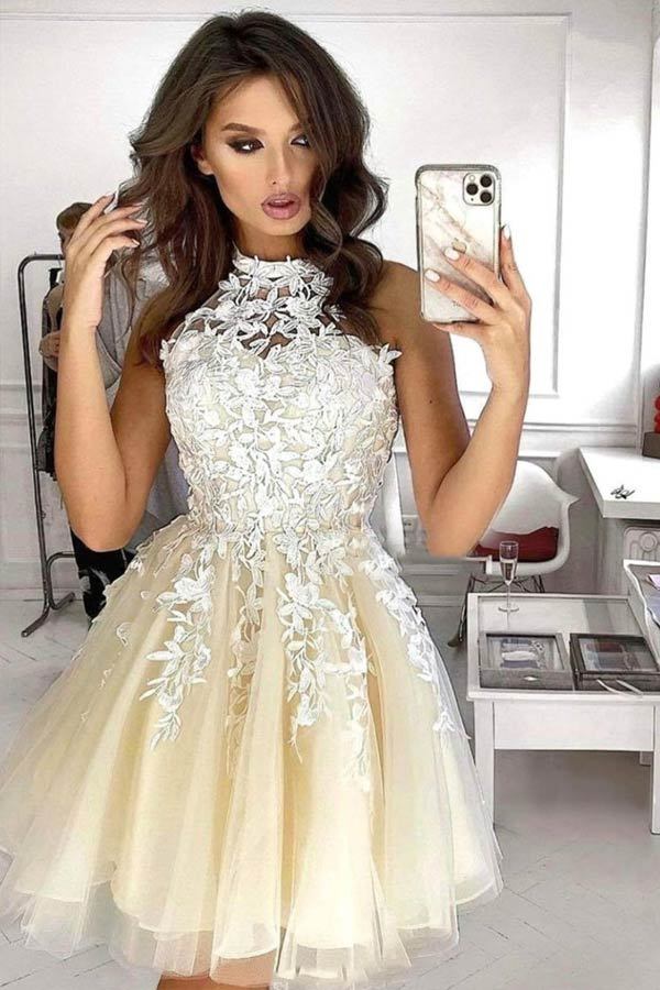 A-Line Halter Neckline Lace Homecoming Dress