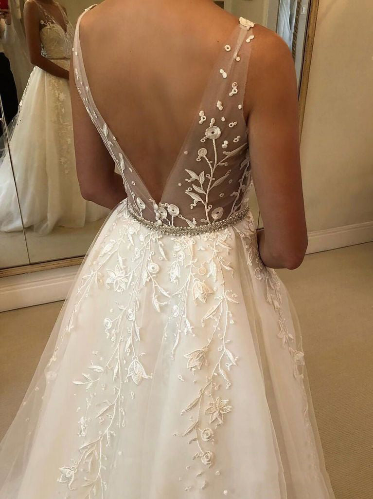 A Line Illusion Neck Lace Wedding Dress Rustic Bridal Dress