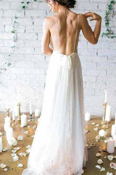 A Line Ivory Chiffon Spaghetti Straps Beach Wedding Dress