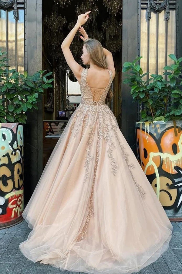 A Line Lace Appliqued Tulle Prom Dress With Beading Belt