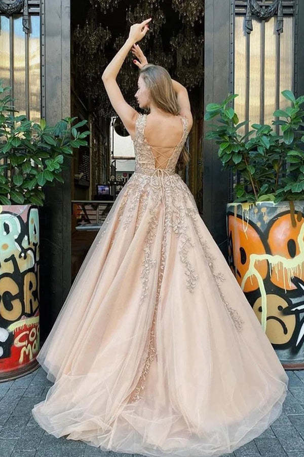 A Line Lace Appliqued Tulle Prom Dress With Beading Belt