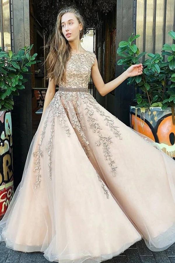 A Line Lace Appliqued Tulle Prom Dress With Beading Belt