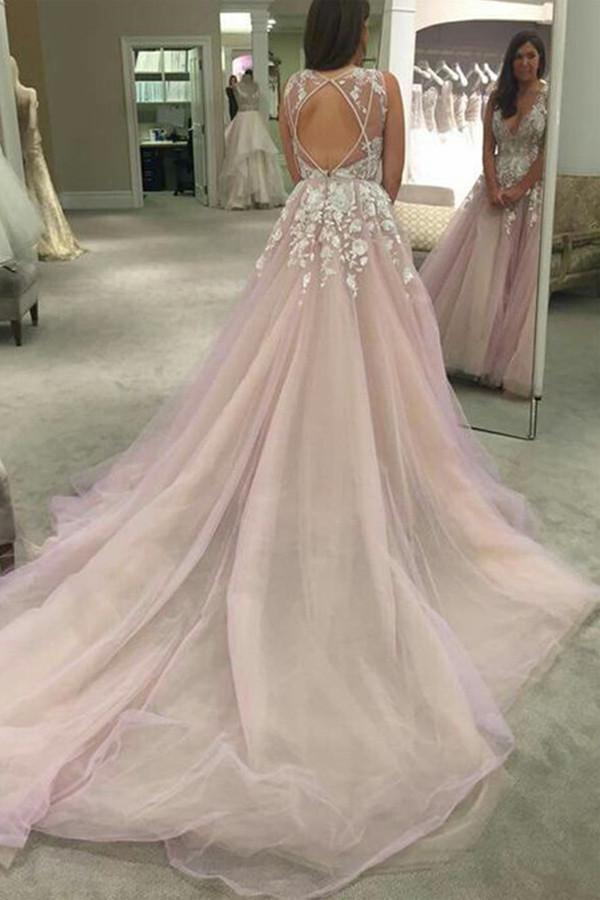 A Line Lilac Tulle Wedding Dress With Appliques