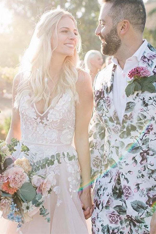 A Line Lilac Tulle Wedding Dress With Appliques
