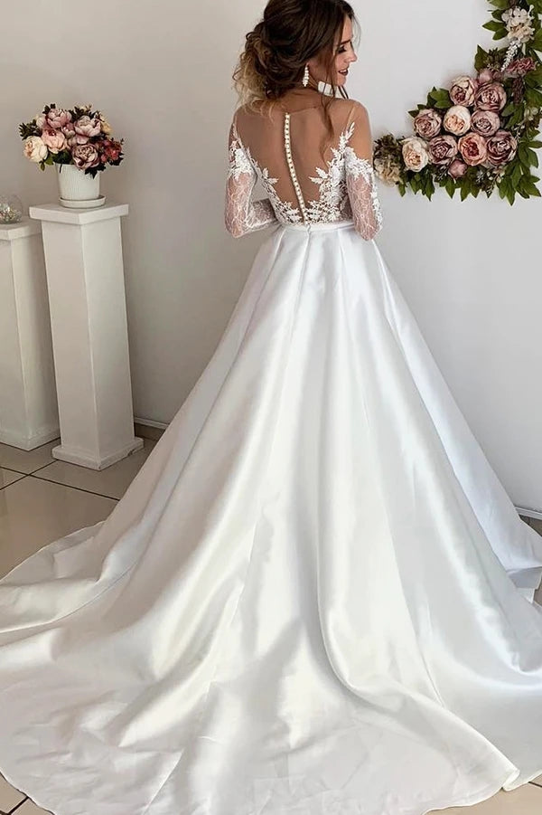 A Line Long Sleeve Ivory Satin Lace Wedding Dress