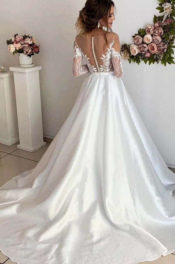 A Line Long Sleeve Ivory Satin Lace Wedding Dress