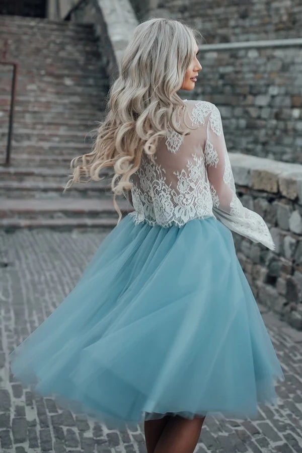 A-line Long Sleeve Lace Tulle Homecoming Dresses Short Prom Dresses