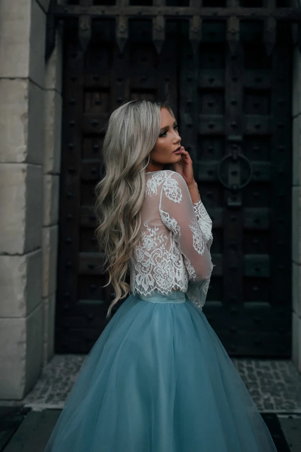 A-line Long Sleeve Lace Tulle Homecoming Dresses Short Prom Dresses