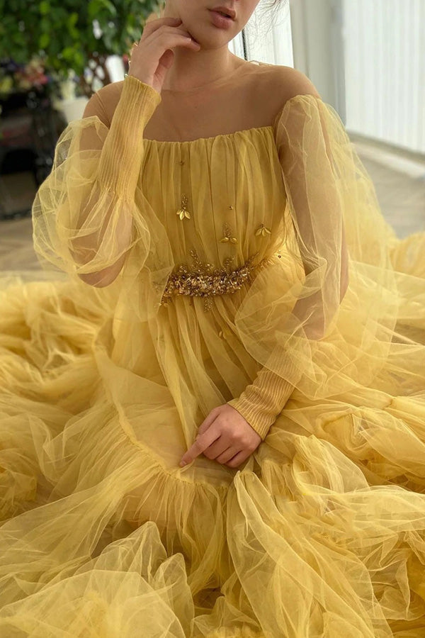 A-line Long Sleeve Tulle Illusion Neckline Prom Dresses With Beading