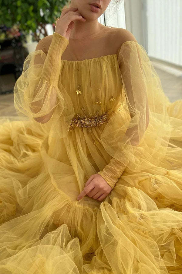 A-line Long Sleeve Tulle Illusion Neckline Prom Dresses With Beading