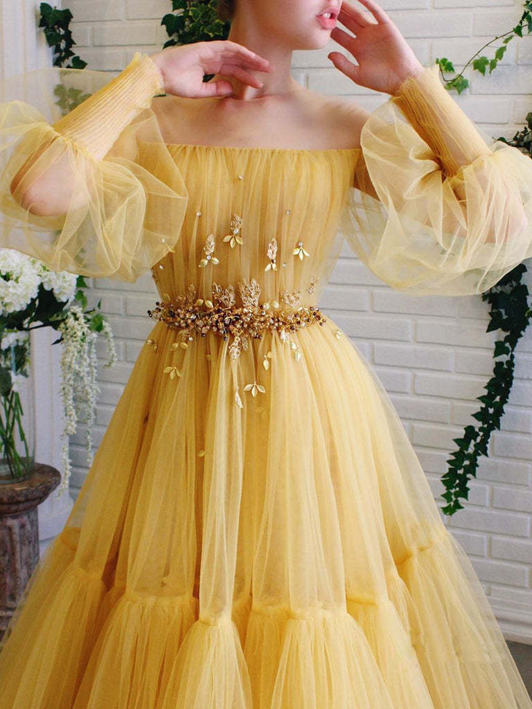 A-line Long Sleeve Tulle Illusion Neckline Prom Dresses With Beading