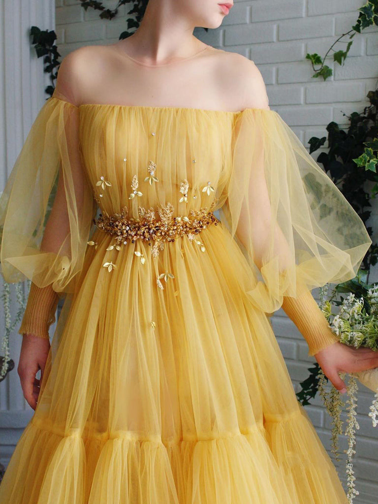 A-line Long Sleeve Tulle Illusion Neckline Prom Dresses With Beading
