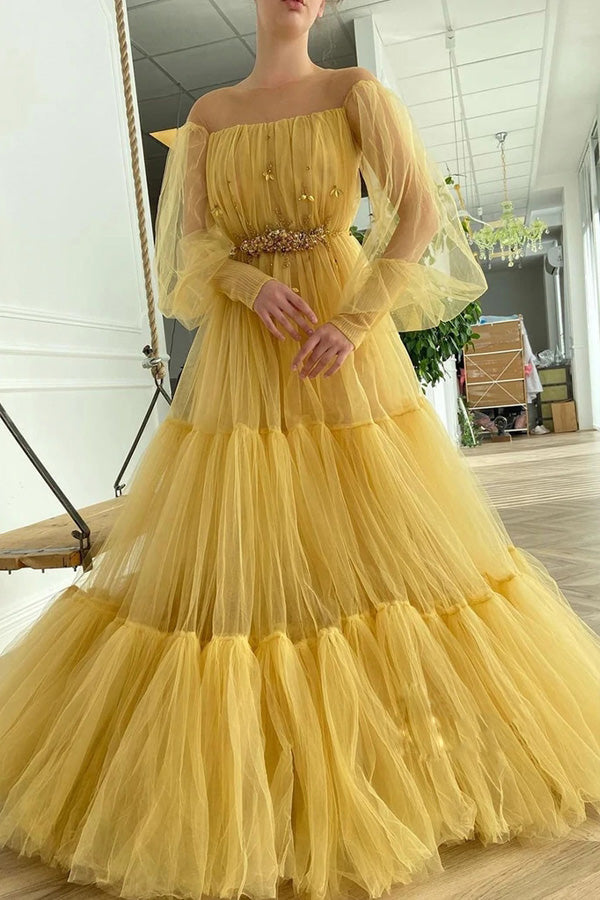 A-line Long Sleeve Tulle Illusion Neckline Prom Dresses With Beading