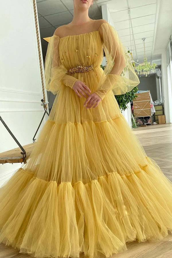 A-line Long Sleeve Tulle Illusion Neckline Prom Dresses With Beading