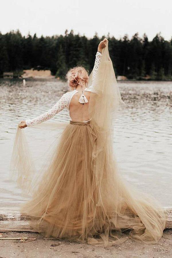 A Line Long Sleeve Tulle Wedding Dress Backless Lace Top Bridal Dress
